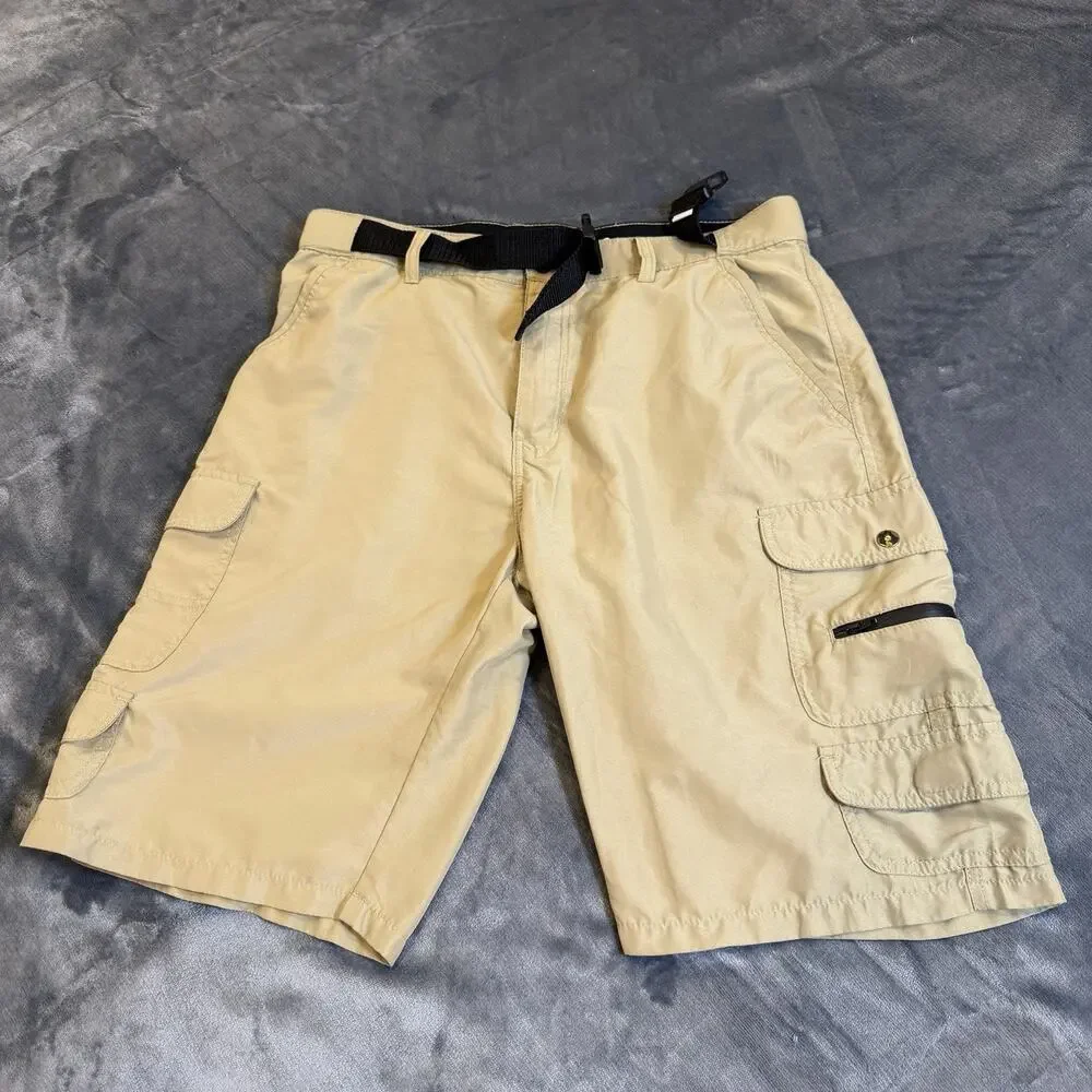 Denali Mens Performance Cargo Shorts Sz 32 Tan Beige Belted Hiking Trail Gorp